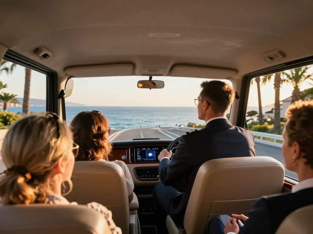 Passagers du taxi Saint Tropez profitant d'une balade luxueuse avec des vues pittoresques.