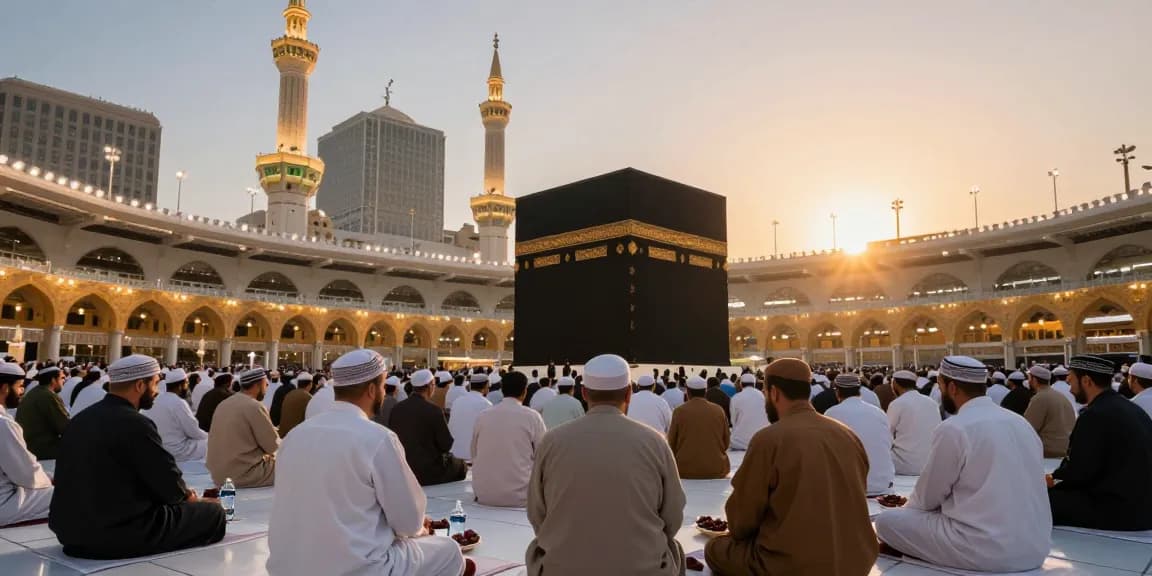 Umroh Ramadhan journey in Makkah during sunset, showcasing the beauty and spirituality of travel experiences in this holy destination.
