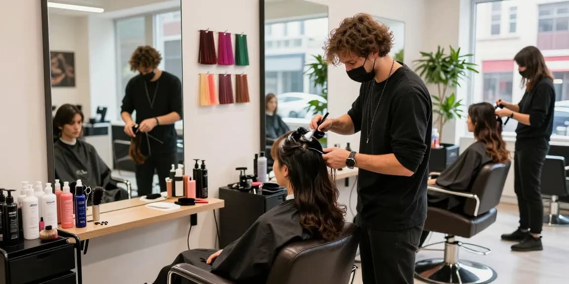 Hairstylist demonstrating a hair style trend in a modern salon, showcasing vibrant hair colors and styling tools.