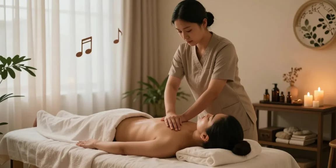 마사지 중인 고객과 시원한 분위기의 스파 공간