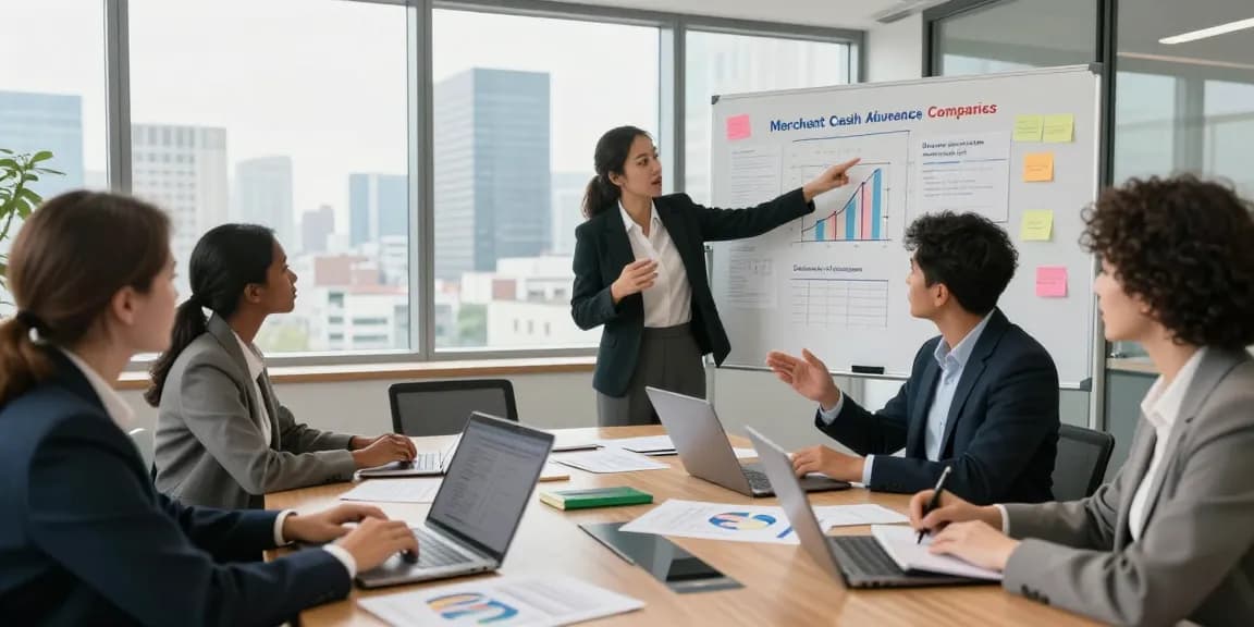 Business meeting discussing merchant cash advance companies with professionals analyzing financial reports.