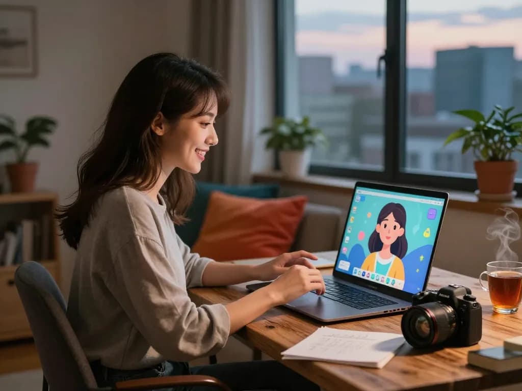 Cozy home office scene with woman interacting with her AI gf on a laptop, showcasing digital companionship.