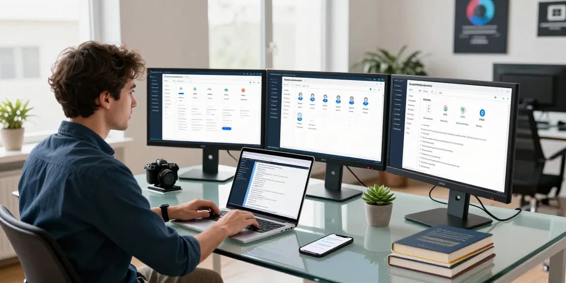 Developer showcasing an age verification system in a modern tech workspace with multiple monitors.