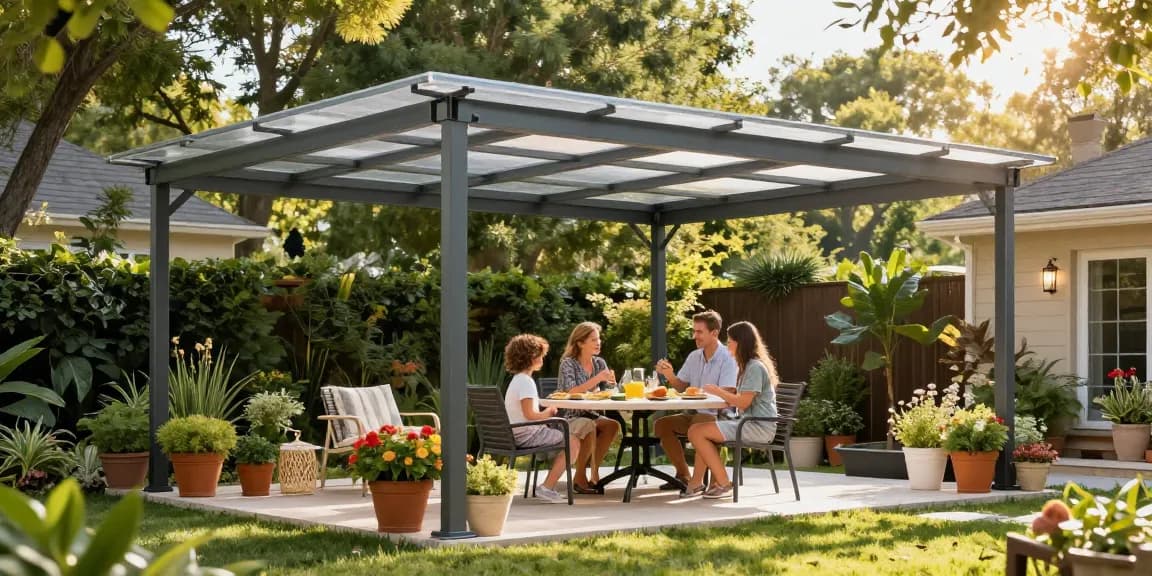 Freistehende Terrassenüberdachung im Garten mit Familie, harmonisch und modern.