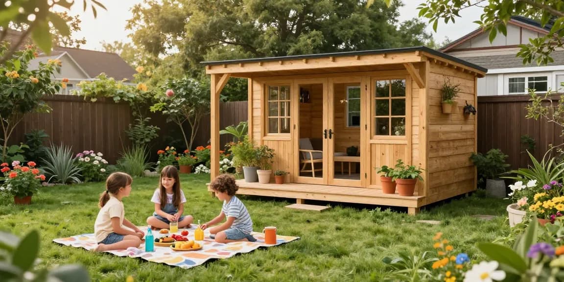 Gemütliches Gartenhaus von McGarden24 im Familiengarten, ideal für Gartenabenteuer und Entspannung.