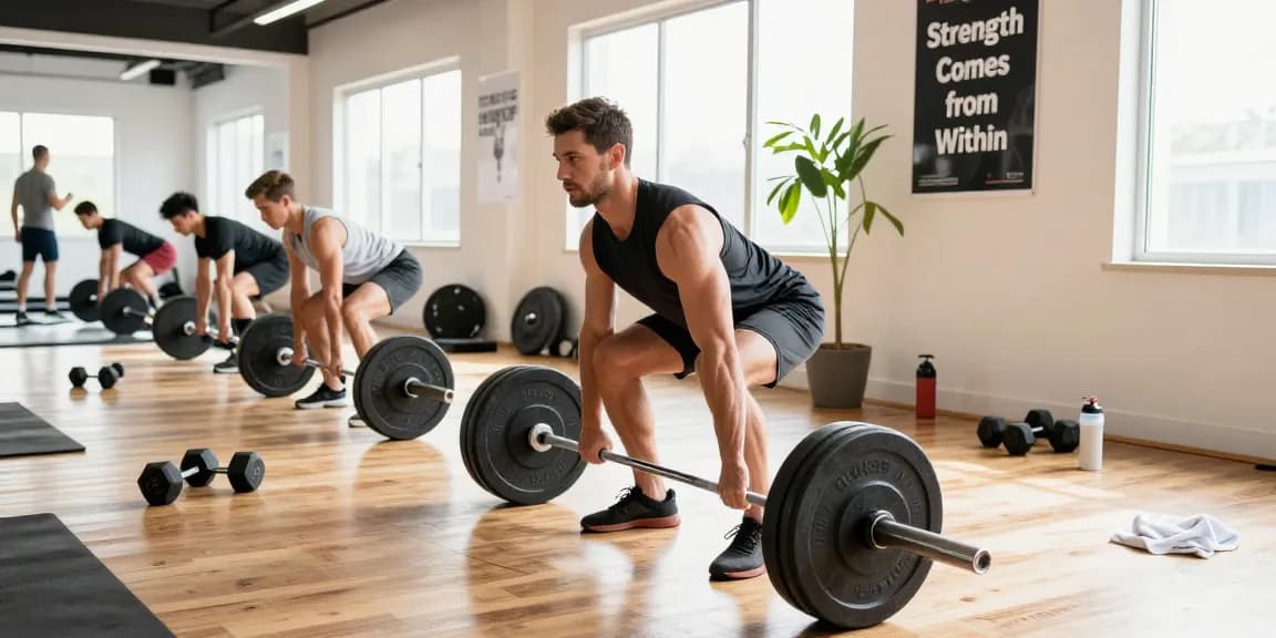 A bodybuilder performing deadlifts in a vibrant gym atmosphere at the Anabolika Shop, focusing on strength and fitness.