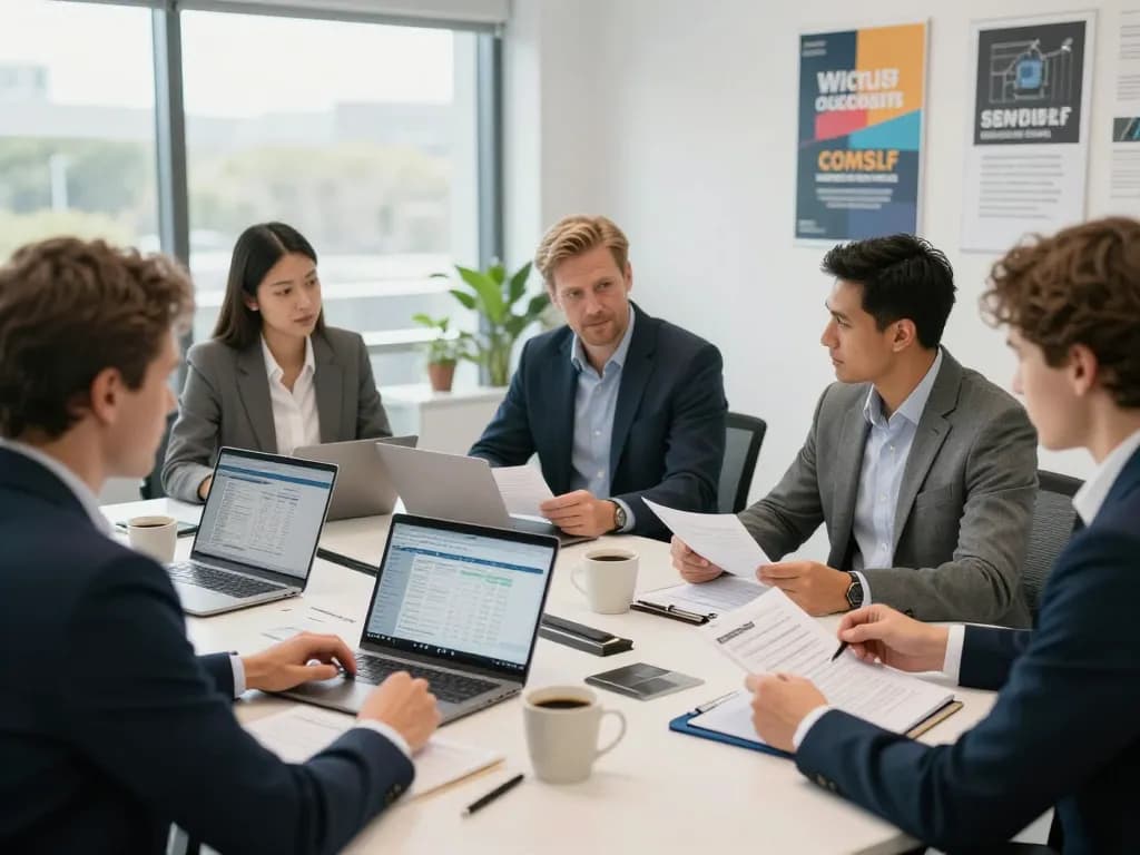 SMSF Accountants discussing compliance documents in a bright office setting.