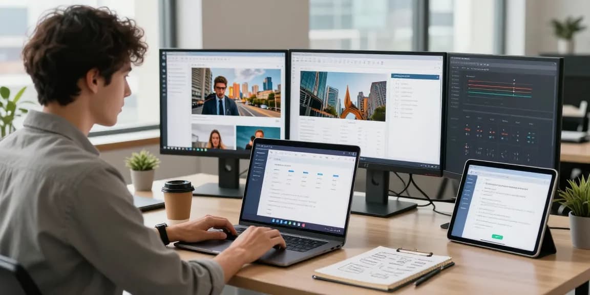 Person using a free ai image detector tool in a modern office setting showcasing images and data.