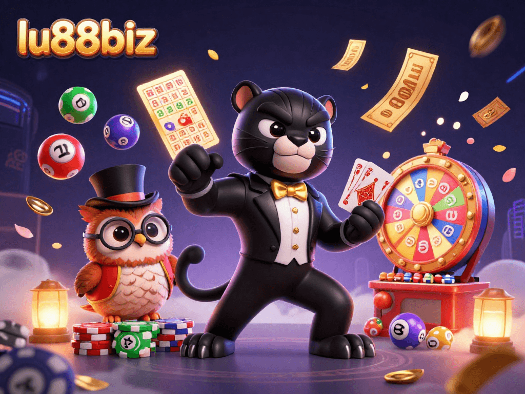 Engage in thrilling games with lu88biz, featuring a stylish panther and his whimsical friends in a vibrant gambling scene.