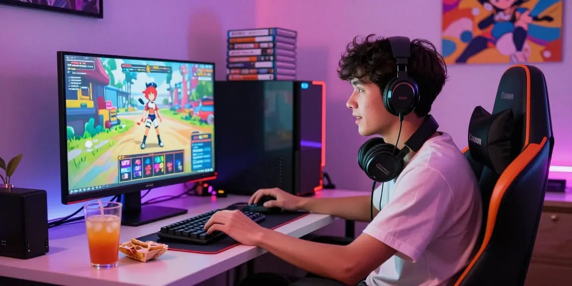 Engaged gamer creating characters in an immersive hentaigame environment featuring vibrant colors and LED lights.