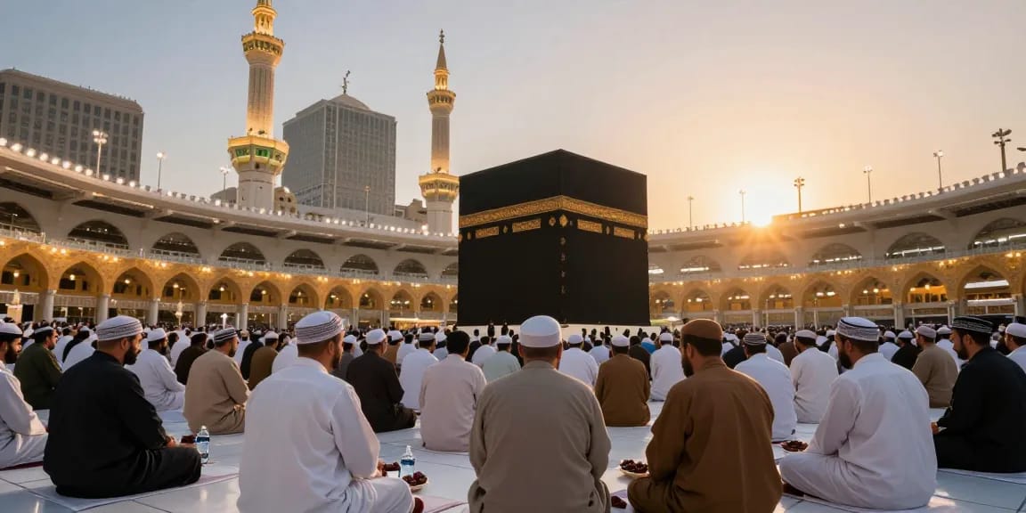 Umroh Ramadhan journey in Makkah during sunset, showcasing the beauty and spirituality of travel experiences in this holy destination.