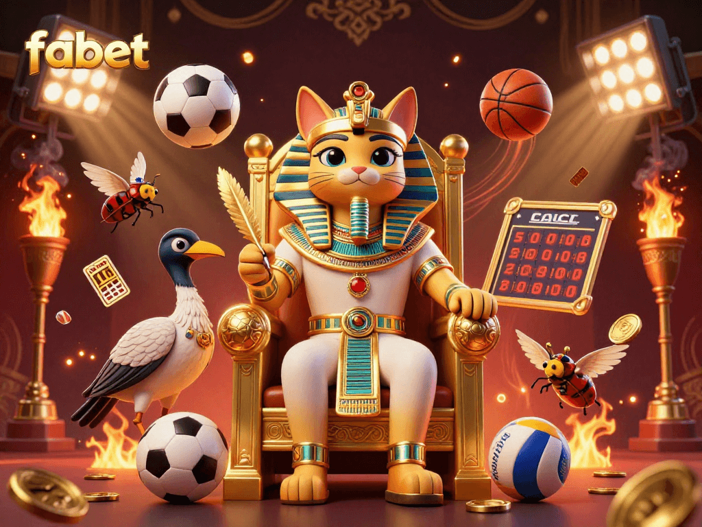 Experience the vibrant energy of fabet with a pharaoh cat and sports elements in this dynamic digital art.