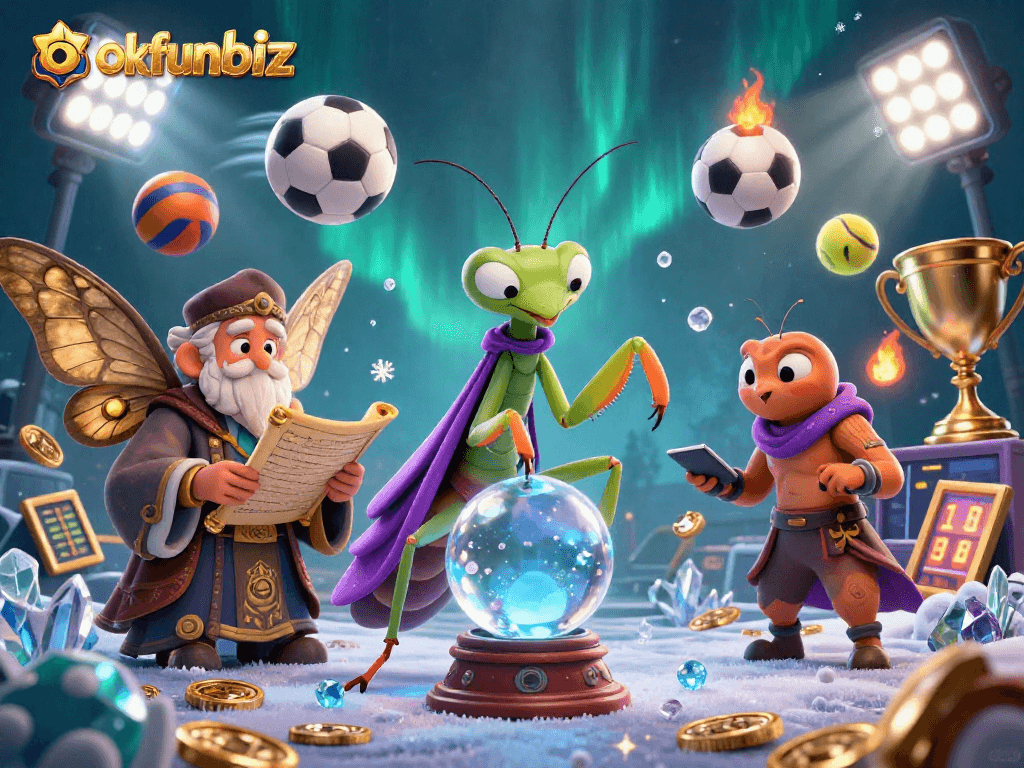 Engage in thrilling sports betting activities with okfunbiz while exploring a mystical scene featuring a praying mantis and moth.