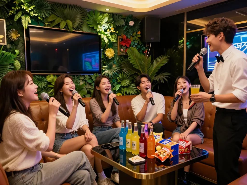 화려한 장식과 분위기 있는 조명 속에서 친구들과 함께 인천쓰리노 노래방에서 활기찬 밤을 즐기는 모습.