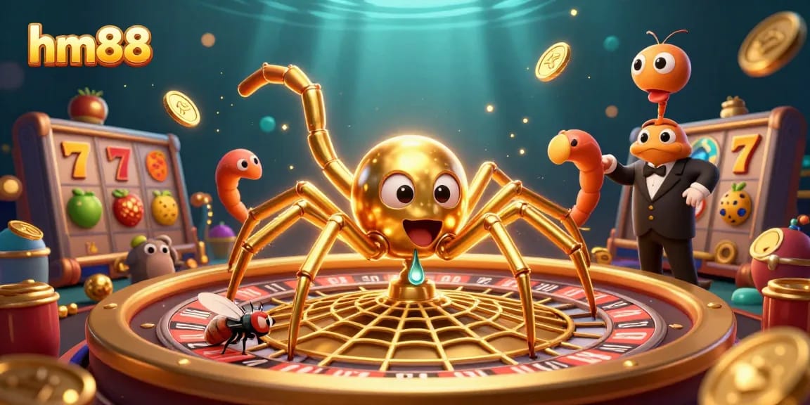 Experience thrilling gameplay at hm88 with a vibrant casino scene featuring a golden spider and dynamic slot elements.