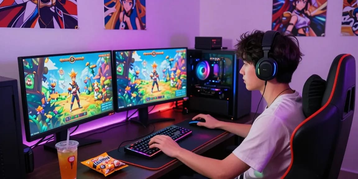 Engaged gamer playing hentai games on a dual-monitor setup with RGB lighting.