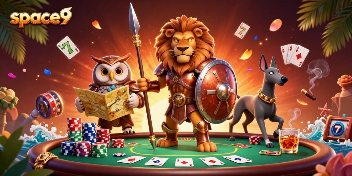 Engage with space9 casino's vibrant 3D scene featuring poker elements and colorful game symbols.