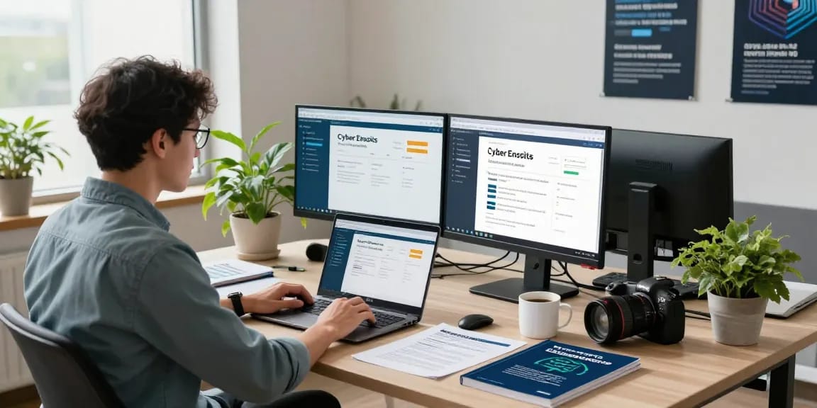 Cyber Essentials accreditation workspace showcasing a cybersecurity specialist working on compliance tasks with a laptop and reference materials.