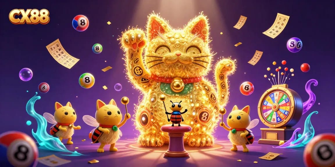Experience the excitement of CX88 with a vibrant illustration of casino symbols and prizes celebrating luck.