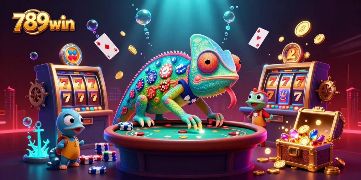 Experience the lively casino world of 789win with colorful chameleon characters and dynamic slot elements.