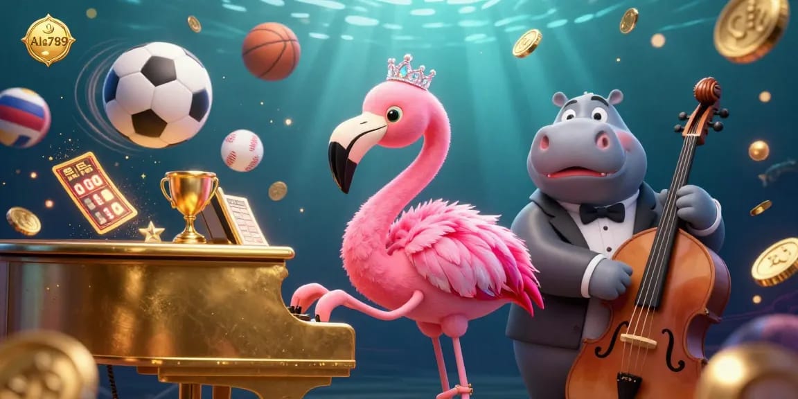 Alo789 offers an immersive gambling experience with dynamic sports elements and vibrant characters in a rich casino scene.