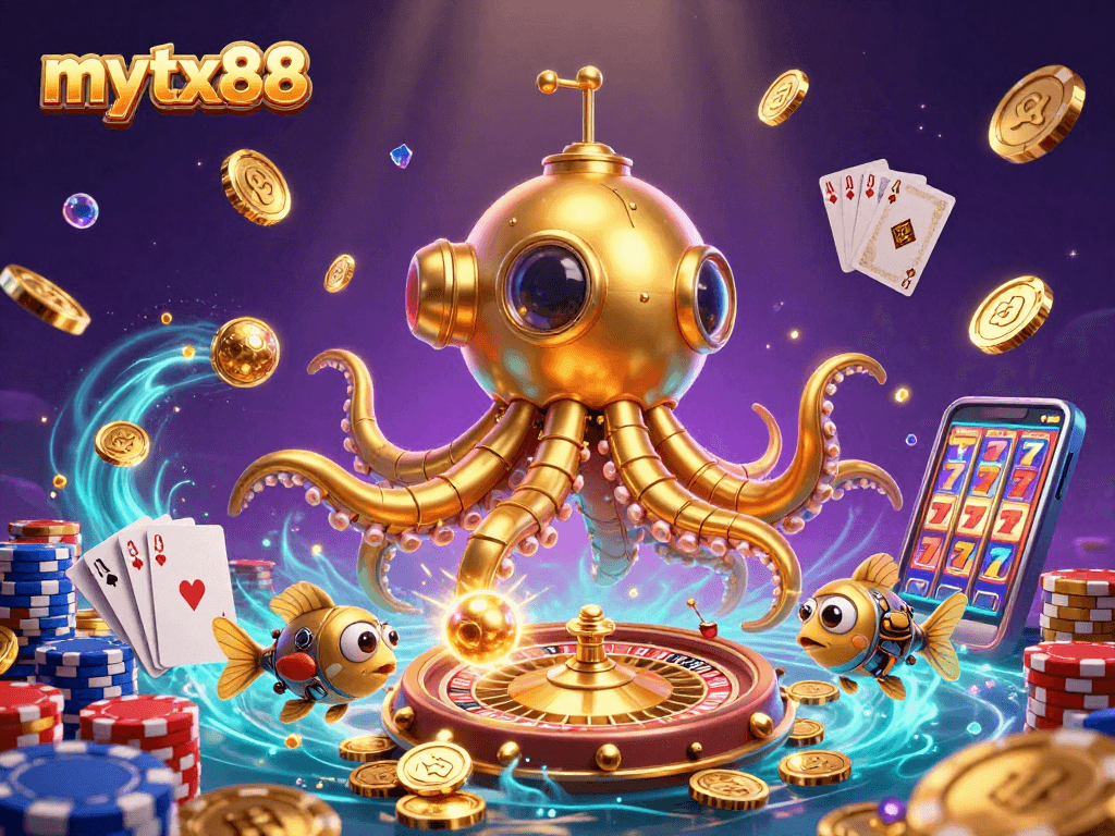 Experience the thrilling underwater adventure of mytx88 with a golden kraken submarine and dynamic casino elements.