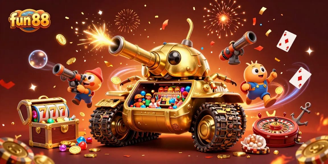 Engage with fun 88 at a vibrant 3D casino scene showcasing a golden tank design and dynamic gameplay elements.