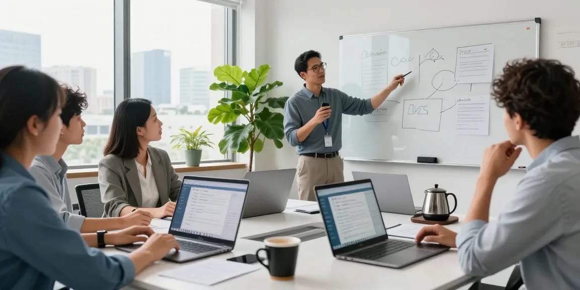 Download WPS Office for productivity, showcasing a collaborative office atmosphere.