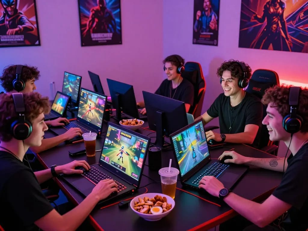 Gamers enjoying immersive online porn games in a vibrant gaming room.