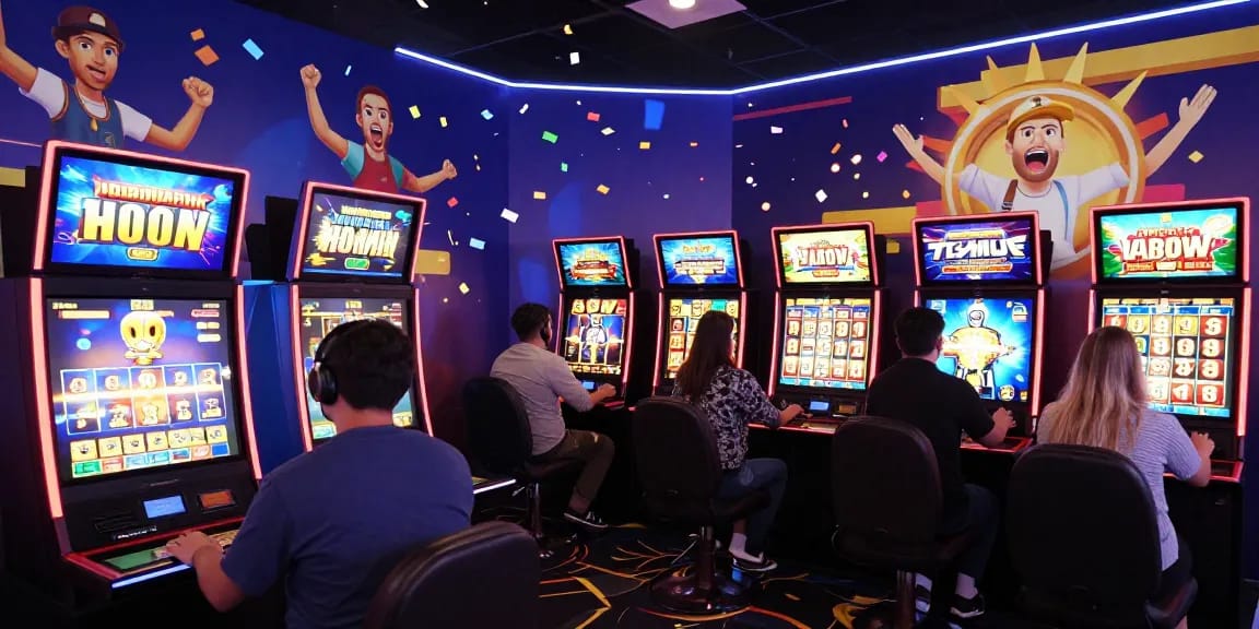 Exciting online casino gaming scene showcasing diverse players engaging with vibrant slot machines, celebrating wins and immersive interactions.