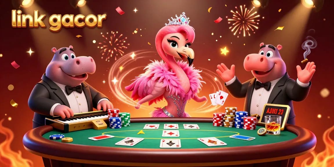 Experience a lively scene featuring the link gacor with dynamic casino characters and poker elements.
