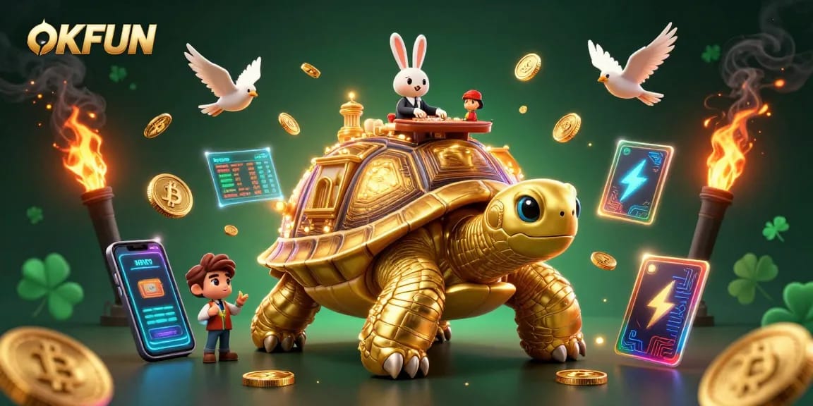OKFUN casino illustration with a golden tortoise, rabbit dealer, and birds carrying coins
