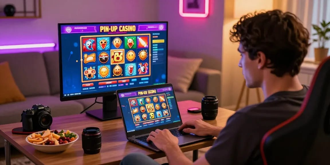 Engaging online gaming atmosphere with player exploring www.online-pin-up-paraguay.com, showcasing vibrant game icons and cozy home setup.
