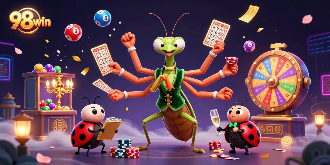 Engage with 98win's thrilling casino experience as animated characters deal cards and celebrate wins.
