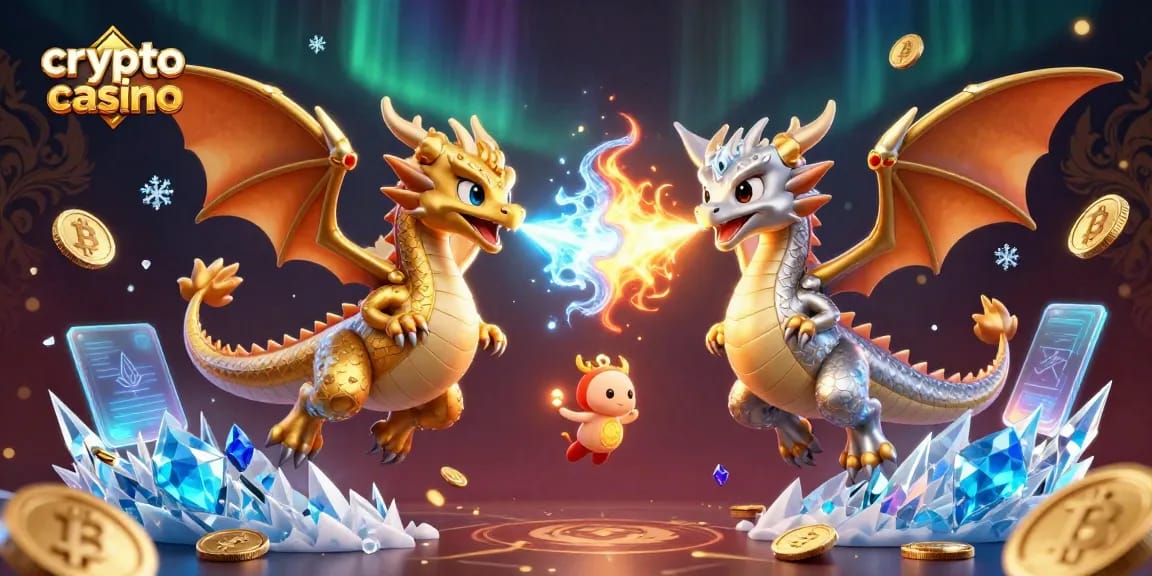 Jouez au crypto casino avec des dragons de casino 3D entourés de pièces Bitcoin et Ethereum.