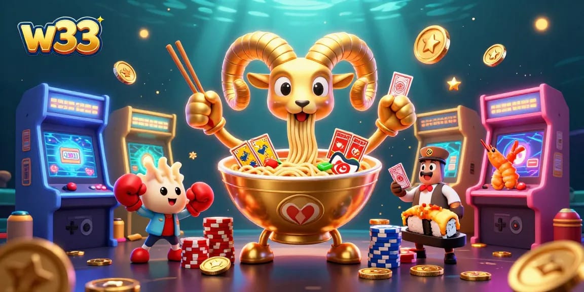 Engage in thrilling w33 gaming with vibrant 3D characters, arcade elements, and casino themes.