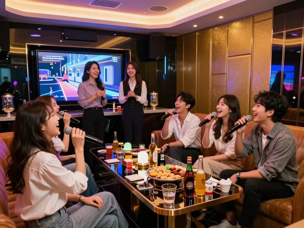 고급스러운 인테리어와 매력적인 서비스가 어우러진 강남가라오케에서 활기찬 밤을 즐기는 손님들, 생동감 넘치는 분위기를 보여줍니다.