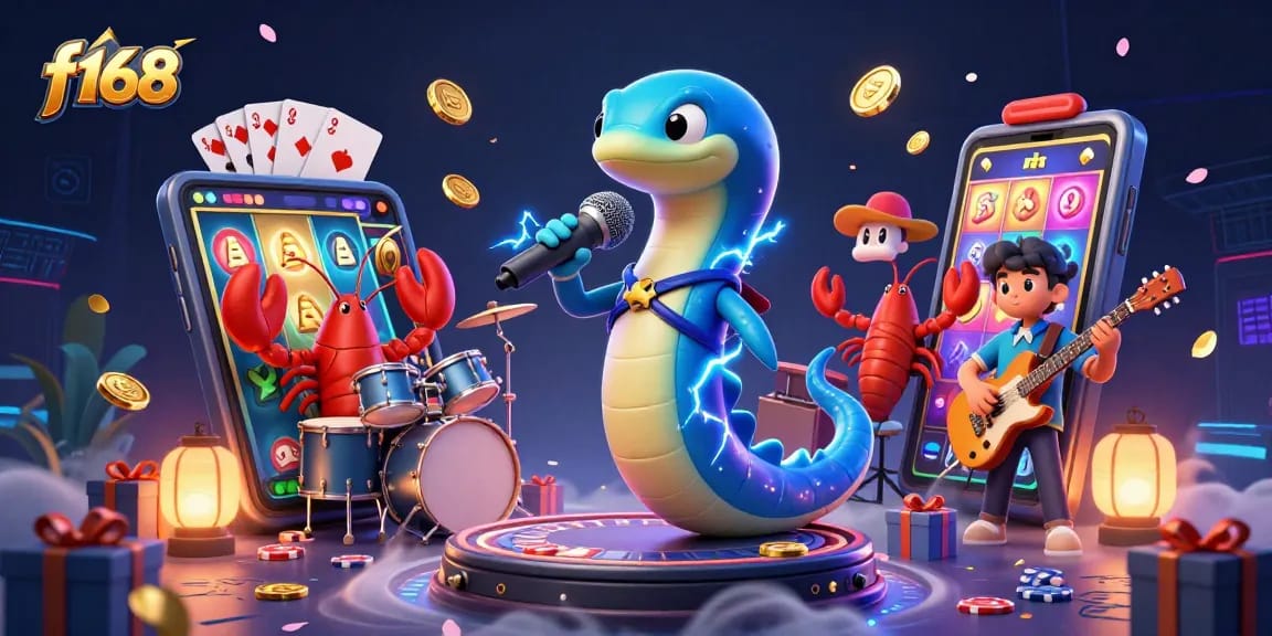 Experience f168's exciting casino scene with an electric eel DJ and vibrant gaming elements!