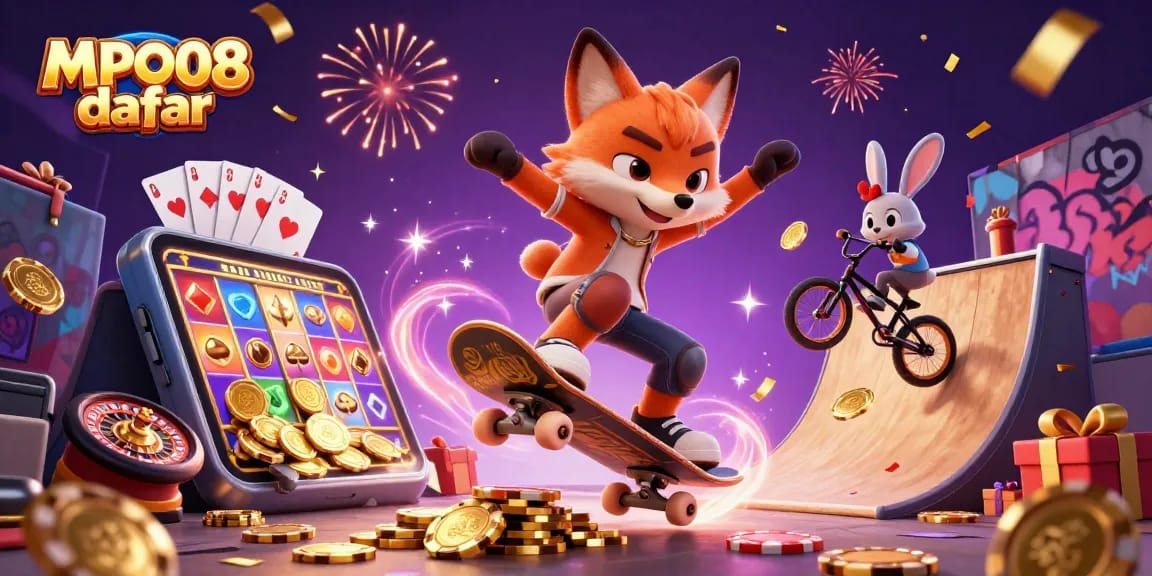Experience thrilling free spins and games at MPO08 daftar, featuring dynamic casino-themed characters and vibrant visuals.