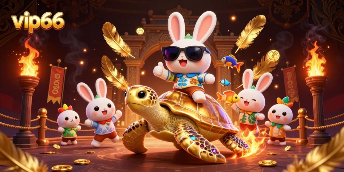 Win big at vip66 with vibrant gaming atmosphere featuring a lucky rabbit and golden turtle.