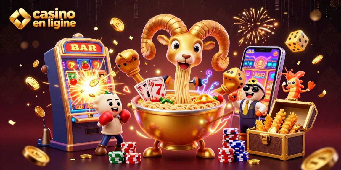 Casino en ligne : Une illustration dynamique avec des personnages de sushi et ramen, fortune et jeux.