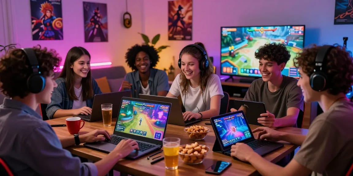 Engaged players enjoying html sex games on laptops and mobile devices in a lively gaming environment.