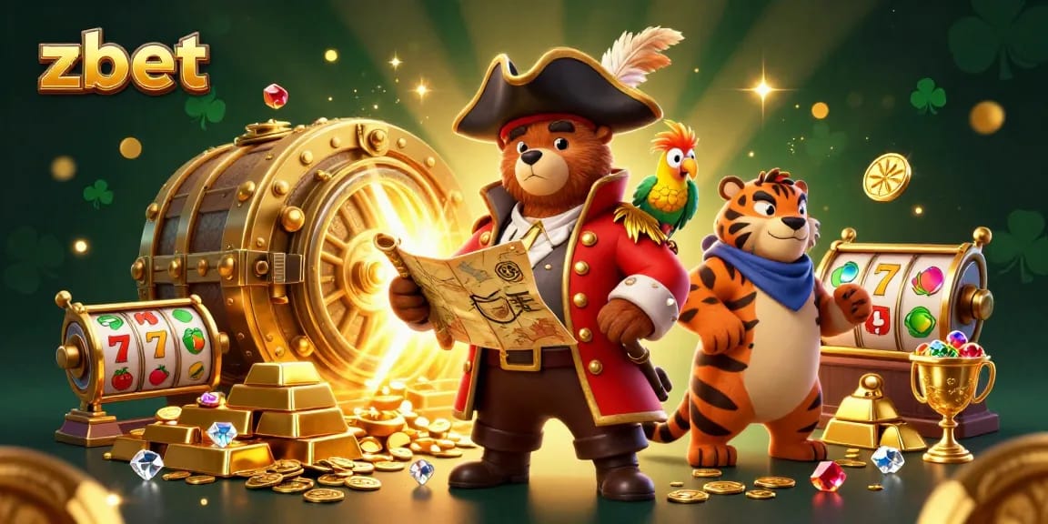 Join zbet's pirate adventure with a bear captain and treasures in an online casino scene.