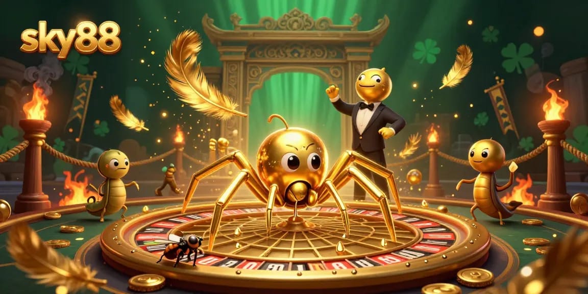 Engage in thrilling gameplay at sky88 with a vibrant casino scene showcasing a roulette wheel and animated characters.