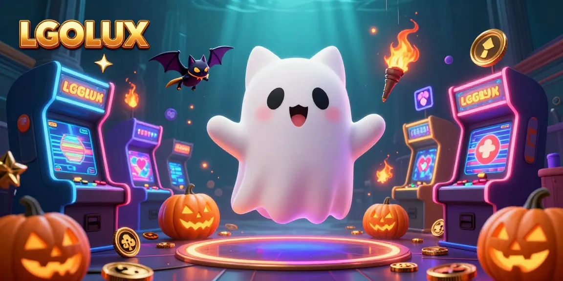Engage with LGOLUX's vibrant casino experience featuring a ghost cat, glowing jack-o-lanterns, and classic game elements.