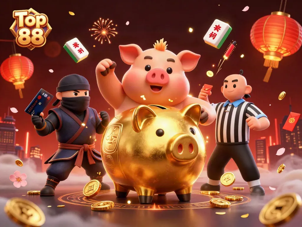 Experience the excitement of Top 88 casino games with a dynamic 3D illustration featuring characters in a vibrant atmosphere.