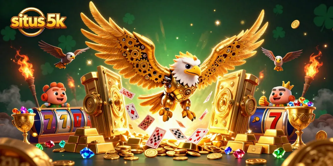 Experience thrilling wins with situs 5k through dynamic 3D illustration of a golden eagle with holographic cards in a casino.