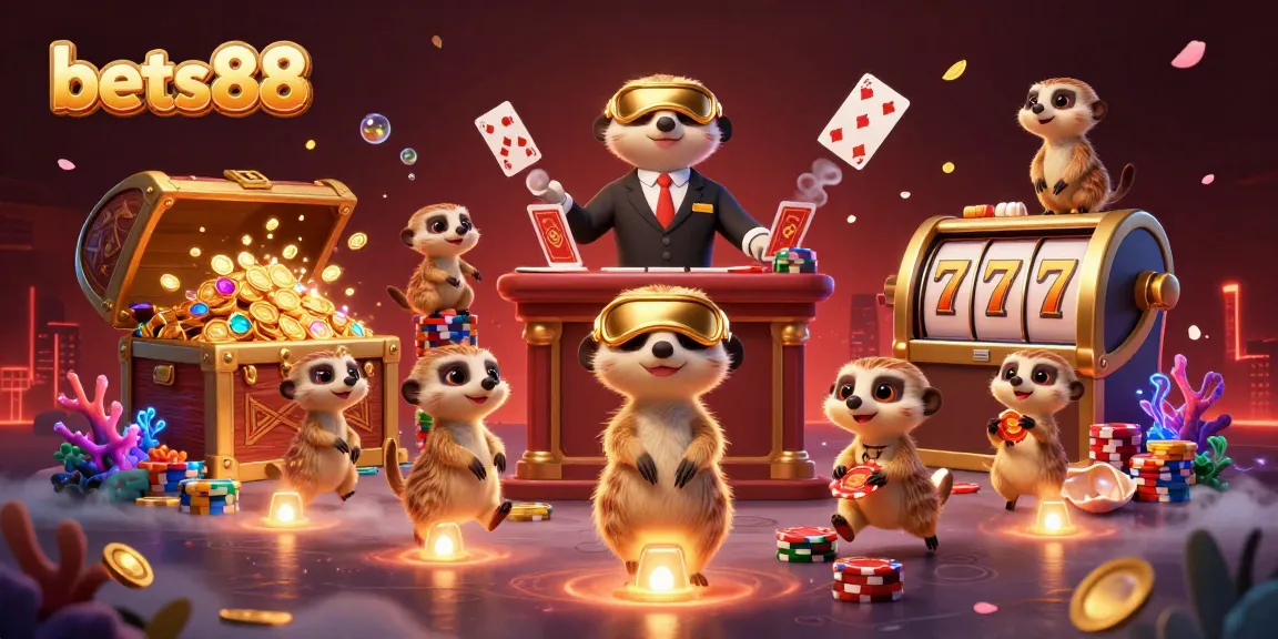 Experience wins with bets88 in a vibrant casino scene featuring animated meerkats and exciting gambling elements.