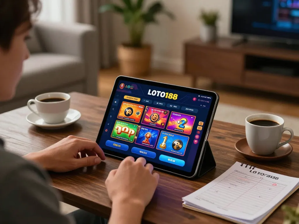 Engaging scene of LOTO188 TRANG CHỦ on tablet in cozy home atmosphere, illustrating responsible gaming strategies.
