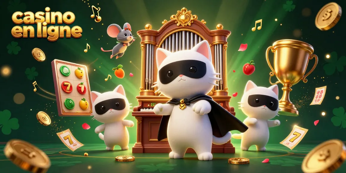 Jouer à casino en ligne avec une illustration de jeux de machine à sous et un chat en costume.